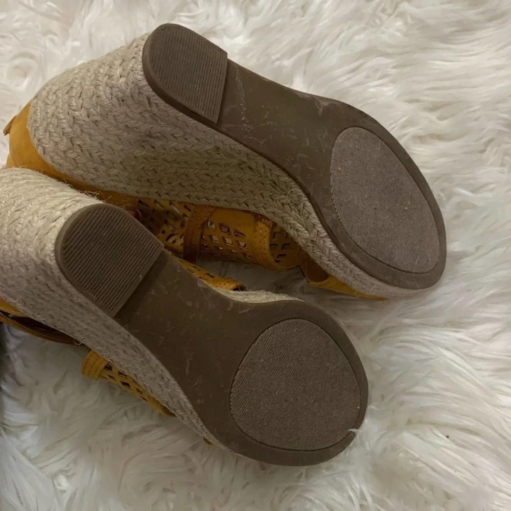 JustFab Mabel Yellow Espadrille Wedge Sandals Size 6.5 Platform Ankle Strap